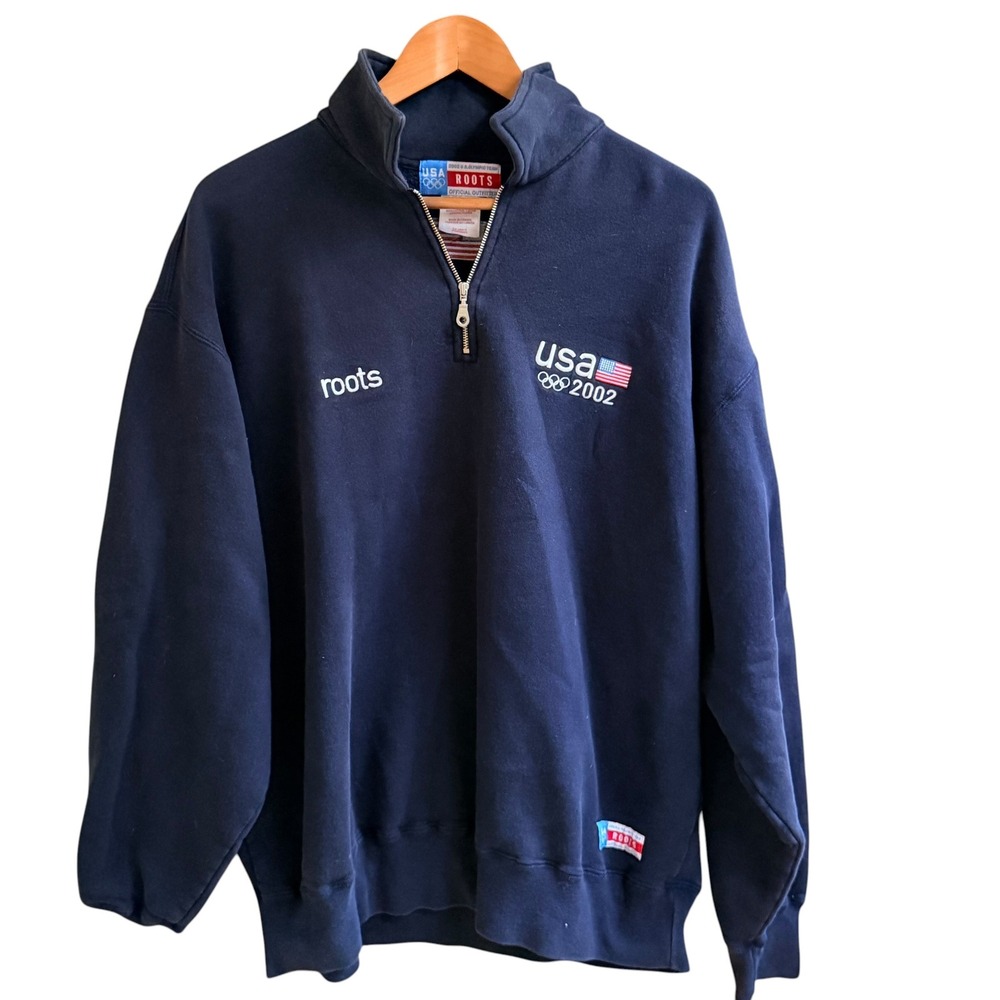 Roots Sweatshirt Mens XL Navy USA 2002 Olympic Team Quarter Zip Vintage Pullover